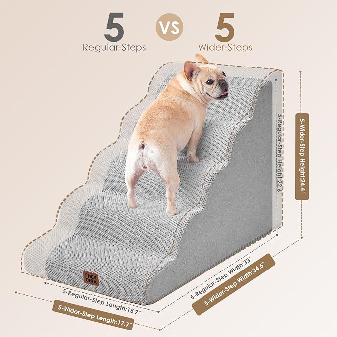 EHEYCIGA Curved Dog Stairs Ramp for High Beds, 5-Step Extra Wide Dog Steps for Small Dogs and Cats, Pet Stairs for High Bed Climbing, Non-Slip Balanced Pet Step Indoor, Light Grey - Image 4