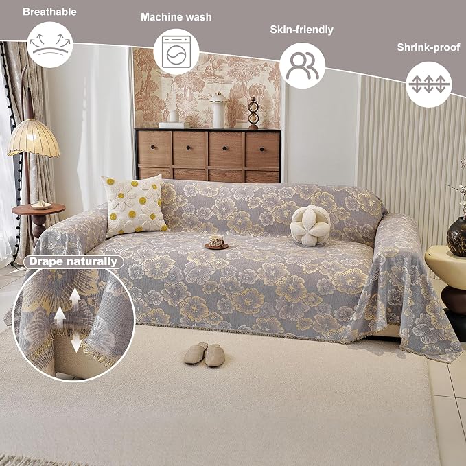 ROOMLIFE Boho Couch Covers for Sofa Washable for 2 Cushion Couch Chenille | Furniture Protector Sofa Couch Cover for Dogs, Soft Breathable Sofa Slipcover, Couch Throw Blankets with Tassels 71''X118'' - Image 2
