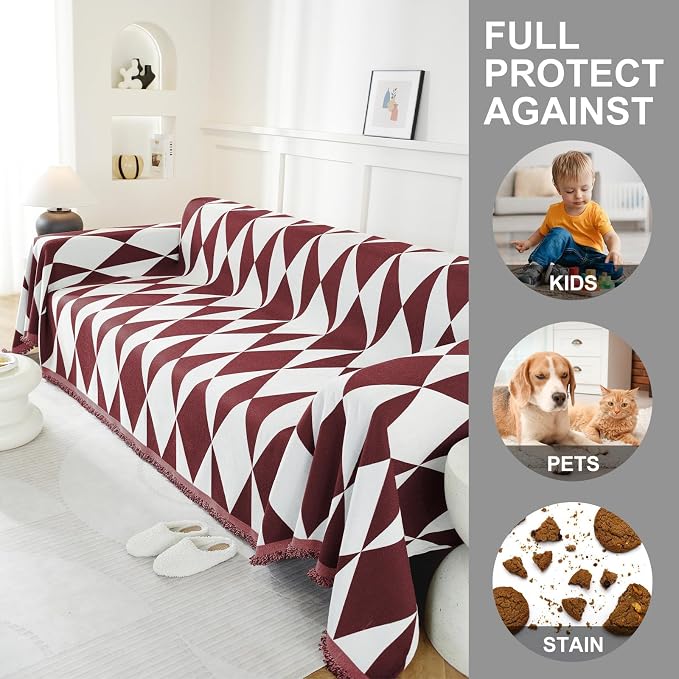 Couch Cover for Sofa, Boho Sofa Cover Washable Couch Cover for Dogs, Pet Sofa Cover for 2-Cushion Couches with Tassel Furniture Protector Cover,71" x 118",Red-Diamond - Image 4