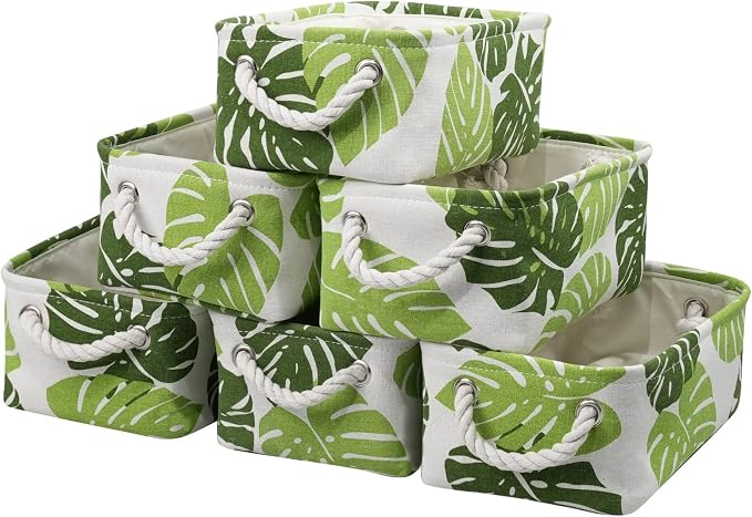 Organization and Storage Basket for Shelves - Small 6 Pack Fabric Storage Bin Collapsible Baskets for Organizing with Handle for Cloth Decorative Laundry Canvas (Banana Leaf 12x8x5.2 inch) by Sacyic