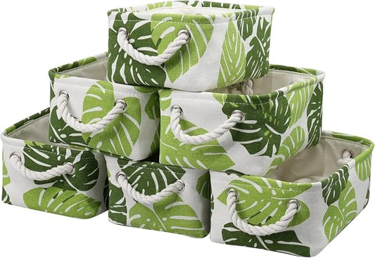 Organization and Storage Basket for Shelves - Small 6 Pack Fabric Storage Bin Collapsible Baskets for Organizing with Handle for Cloth Decorative Laundry Canvas (Banana Leaf 12x8x5.2 inch) by Sacyic