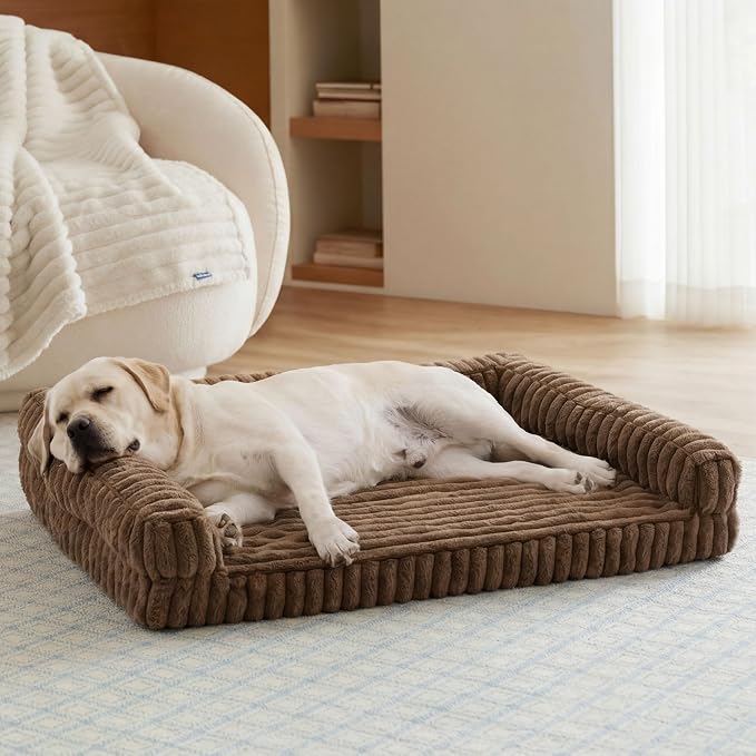 Bedsure ComfyFleece™ Orthopedic Dog Beds for Extra Large Dogs, Memory Foam XL Dog Couch with Sides, Waterproof Big Pet Sofa with Washable Corduroy Cover, Non-Slip and Egg-Crate Foam, Brown by Unknown