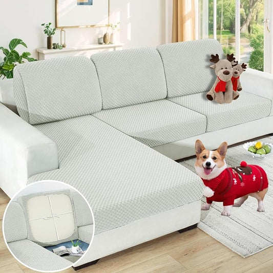 【Clearance】 Sectional Couch Covers for L Shaped Chaise Lounge 1 Piece Separate Cushion Couch Universal Replacement Large Checkered Furniture Protector with Elastic Bottom (Chaise Cover, Ivory) by YEMYHOM