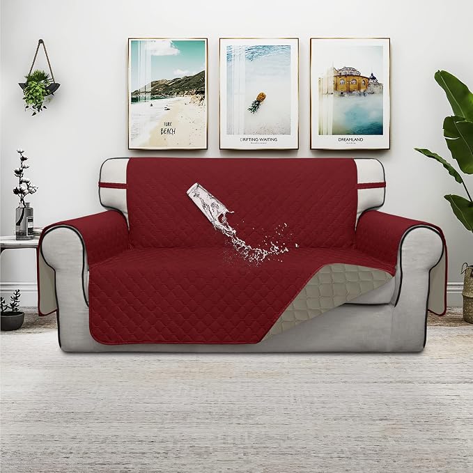 ISSUNTEX Double Protection 100% Waterproof Loveseat Sofa Covers for Living Room, Couch Covers for 2 Cushion Couch, Reversible Furniture Protector Sofa Cover for Dogs (Loveseat, Christmas Red/Beige) - Image 2