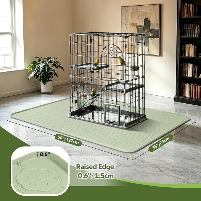 Silicone Bird Cage Mat 50" x 35" Under Crate Floor Protector, Green | Extra Large Waterproof Bird Cage Liner with Raised Edges, Non-Slip Under Crate Mat for Dog Cages, Kennels, Reptile Aquariums - Image 2