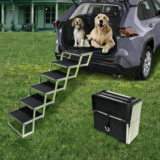 PENSUN Dog Ramps for Small & Big Dogs Portable Folding Pet Stairs with Nonslip Surface Foldable Truck Ramp Stairs for Car, SUV and Trucks, Supports Up to 250LBS, 6 Steps