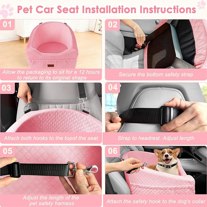 Vivifying Dog Car Seat for Small & Medium Dogs, Detachable & Washable Booster Seat for Pets Up to 30lbs, Travel Bed with Storage Pockets and Safety Belt – Pink