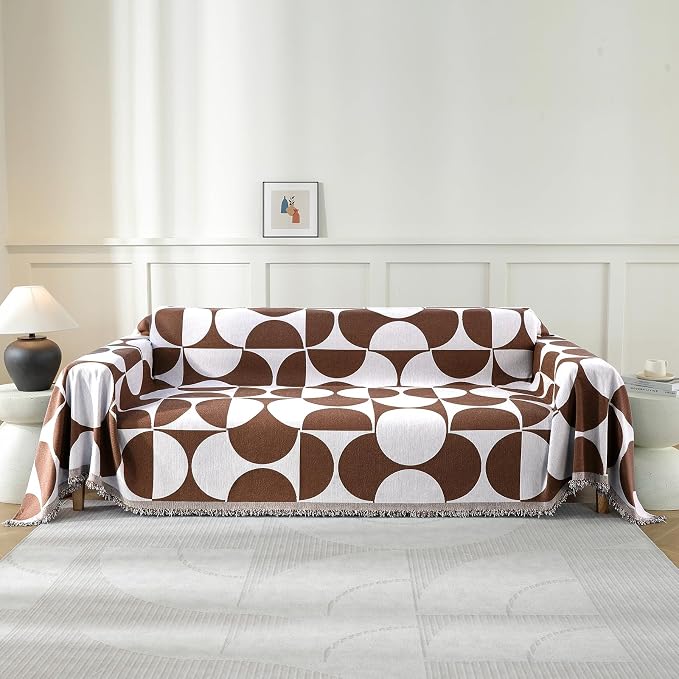 Couch Cover for Sofa, Boho Sofa Cover Washable Couch Cover for Dogs, Pet Sofa Cover for 3-Cushion Couches with Tassel Furniture Protector Cover,71" x 134",Dark Coffee-Half-Round-2 by YSTELLAA