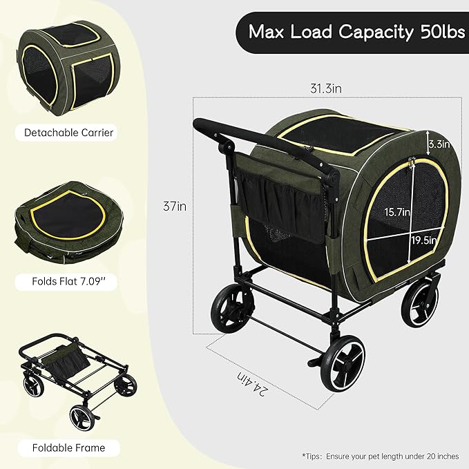 Pet Stroller for Dogs Cats up to 50 lbs, Foldable Dog Stroller with 360° Swivel Wheels, Detachable Carrier, Adjustable Handle, Travel Dog Stroller for Small Medium Large Pets, Green