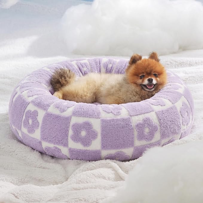 LE SURE Shown on TV Donut Dog Beds for Small Dogs - Calming Cat Sofa as Bed Gift for Indoor Cats with Washable Cover, Round Home Decor Cute Pet Beds with Jacquard Shaggy Plush, 23 Inch, Flower Checks - Image 8