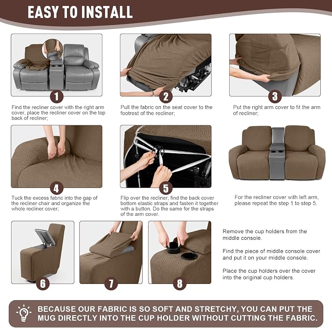 KinCam Loveseat Recliner Covers with Middle Console Slipcover, Light Coffee | Stretch Recliner Sofa Covers for 2 Seat Couch Cover, Jacquard Furniture Protector Covers with Elastic Bottom for Kids, Pets - Image 6