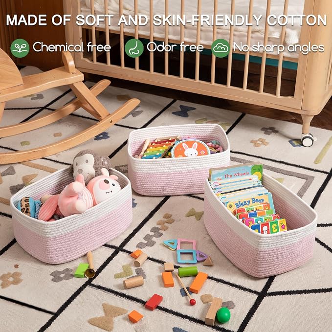 OIASKET Storage Baskets for Organizing 3 Pack, Woven Baskets for Shelves, | Closet Organizer Bins with Handle, Empty Gift Basket, Toy Storage for Toys, Blankets, Towels, Clothes, Books, 15"x11.42"x6.7" - Image 3
