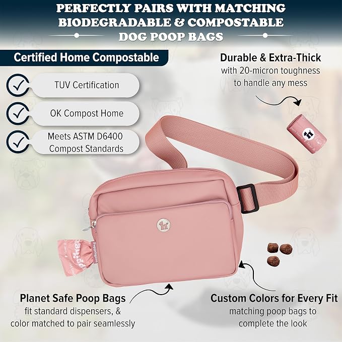 Puppington 3-in-1 Crossbody Dog Walking Bag & Treat Pouch with Matching Planet Safe Poop Bags & Built-In Dispenser - Zippered Pockets (Blush Pink) - Image 5