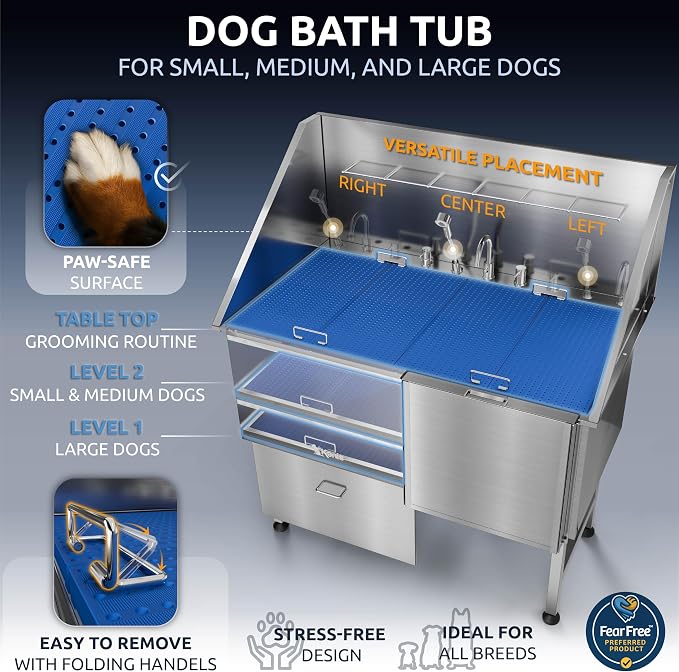 KANIS Professional Dog Washing Station 304 Stainless Steel Pet Wash Sink | Grooming Bathtub w/Shower, Floor Grates and Storage for Large, Medium & Small Pets - Image 6
