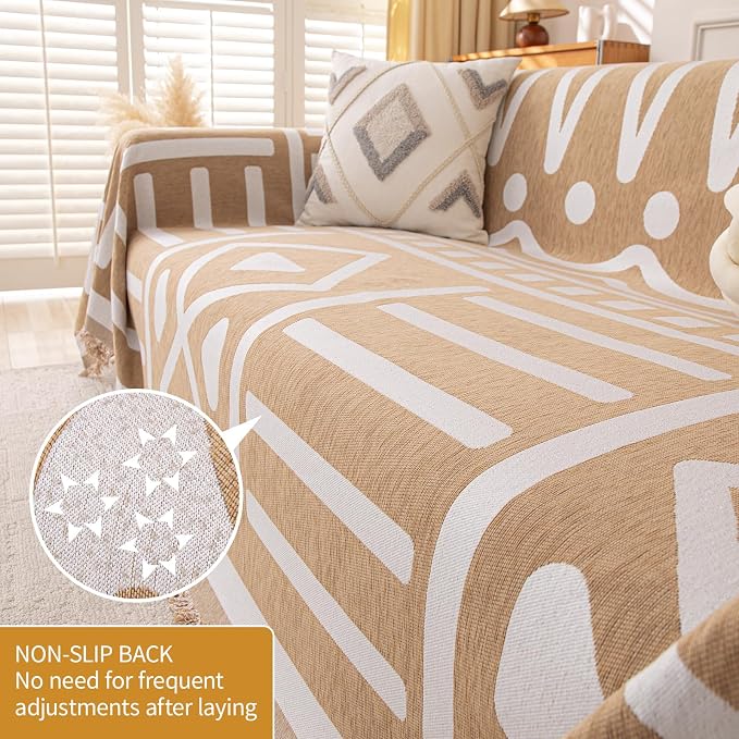 Deep Dream Boho Couch Cover, Non Slip Soft Chenille Couch Covers for 3 Cushion Couch, Thick Sofa Slipcover Sectional Sofa Cover Washable Couch Protectors for Dogs (Khaki, 71"x118") - Image 3