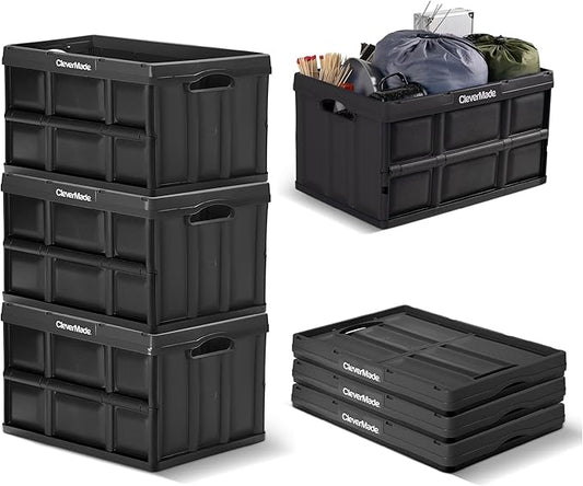 CleverMade Collapsible Storage Bins, 62L, 3 Pack, Obsidian | Extra-large bins support 100 lb for groceries, tools, and gear. They stack securely and fold to 2.75 inches for storage. by CleverMade