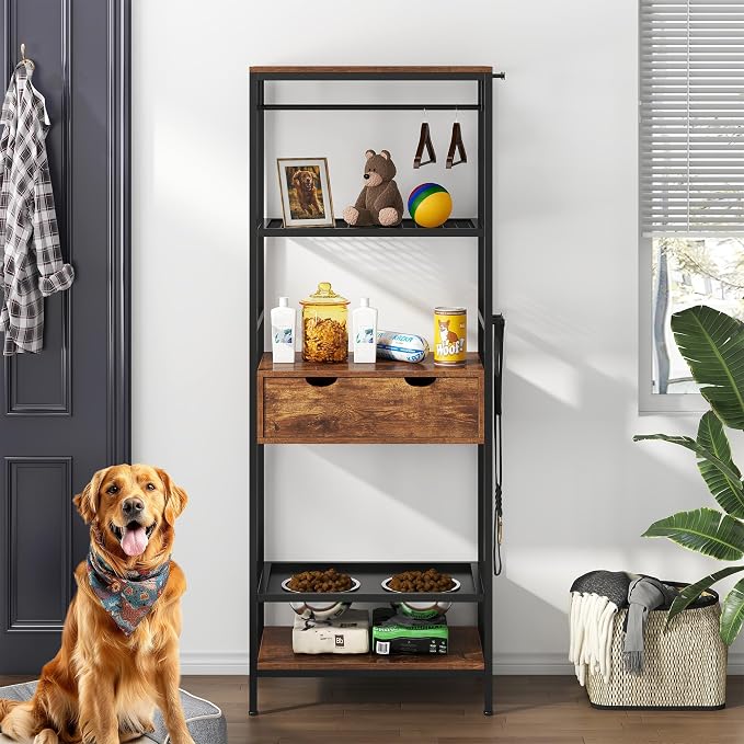 Dog Feeding Station Storage Furniture Shelves with Drawer, 3 Levels Height Adjustable Raised Dog Bowls - Image 2
