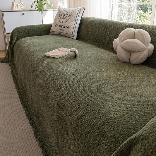 ROOMLIFE Green Sofa Cover, Vintage Boho Couch Cover for 3 Cushion Sofa, Non Slip Soft Chenille Sofa Slipcovers for Dog, Washable Furniture Sofa Protector Cover with Tassel for Living Room, 71''X150” by ROOMLIFE