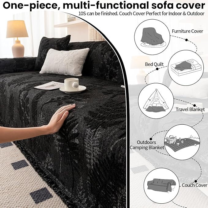 ROOMLIFE Couch Cover 3 Cushion Sofa, Washable Non Slip Furniture Sofa Protector Cover, Soft Chenille Sofa Slipcovers Sectional L Shape Dogs Couch Cover Throw Blanket with Tassels 71''X150'' - Image 6