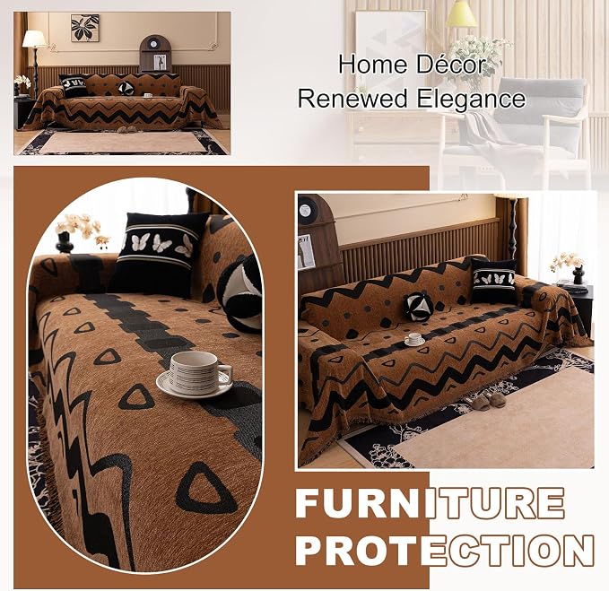 ROOMLIFE Dark Brown Couch Cover 3 Cushion Sofa, Washable Non Slip Furniture Sofa Protector Cover, Soft Chenille Sofa Slipcovers Sectional L Shape Dogs Couch Cover Throw Blanket with Tassels71''X150'' - Image 4