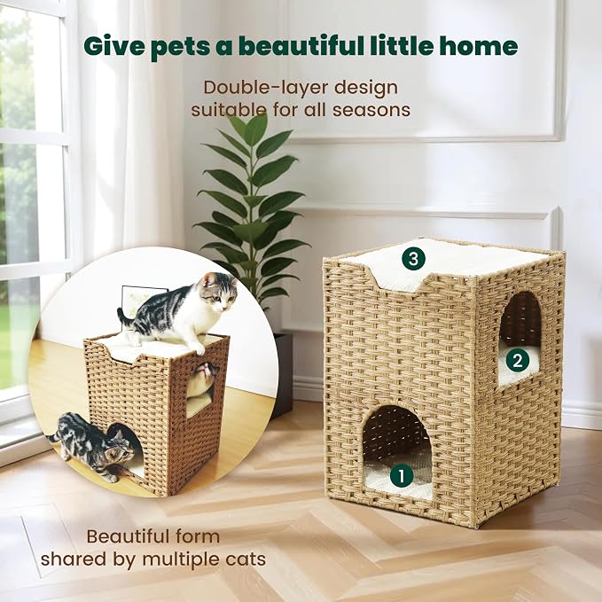 Safety Triple-Layer Cat House for Indoor Cats - Hand-Woven Rattan Cat Cave with 2 Hideaways & 3 Soft Pads - Foldable & Sturdy Cat Condo Furniture for Multiple Cats & Small Pets, Easy Assembly - Image 3