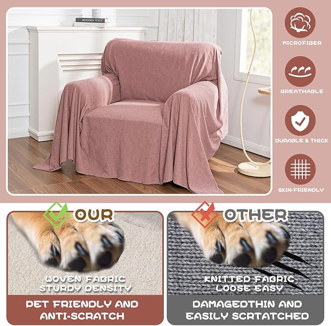MYSKY HOME Pink Sofa Cover, Couch Covers for Pet, Couch Cover Reclining Couch Covers Armchair Covers for 1 Cushion Couch, Thick Durable Sofa Covers for Furniture Couch Cover, 71" x 91" - Image 2