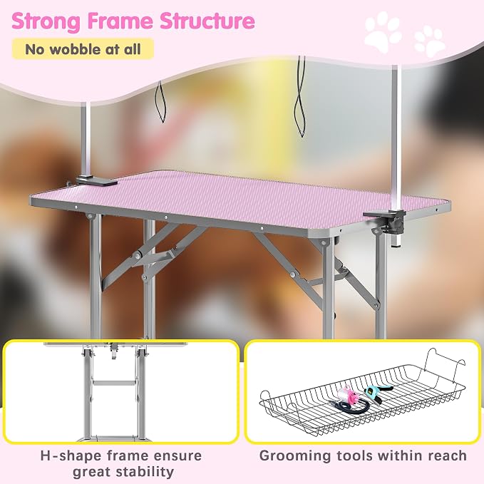Lyromix 42'' Stainless Steel Pet Dog Grooming Table, Arm/Noose/Tray, Pink | Foldable Dog Grooming Table for Dogs at Home, Adjustable Height Arm, Non-Slip Waterproof Tabletop, Capacity 330Lb - Image 5