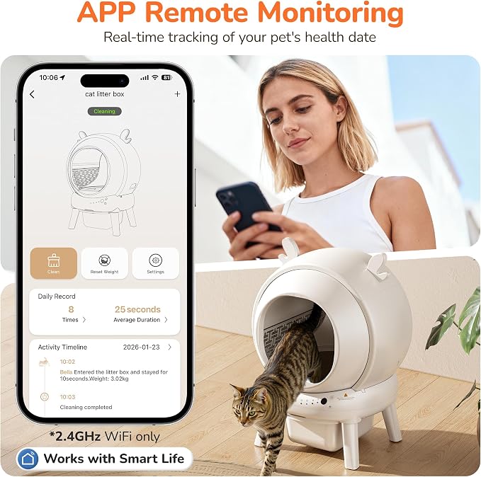 Automatic Self Cleaning Litter Box, Cat Litter Box with APP Control, 65L Globe & Dual Safety Sensors, Robot Litter Box, 1 Roll Garbage Bags and Litter Mat, <35DB, for Multiple Cats, White - Image 4
