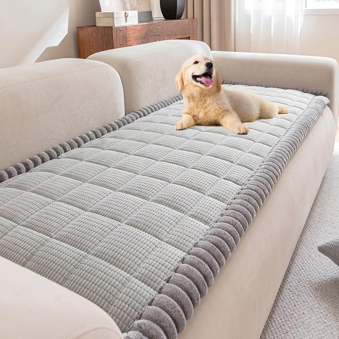 KRFOONN Couch Cover for Dogs Washable Pet Couch Covers for 3 Cushion Sofas Non-Slip Dog 3 Seat Sofa Cushions Covers Soft Sofa Slipcovers Protector for Pets (Style B-Light Grey, 27.6" x 70.9") by KRFOONN