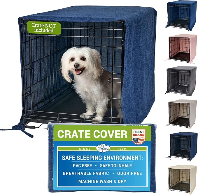 Pet Dreams Dog Crate Cover - Breathable Fabric Kennel Topper for Single-Door Crates, Fits iCrate Dog Cages 18, 24, 30, 36, 42, 48 Inches (Denim, X Large, 42") by PetDreams