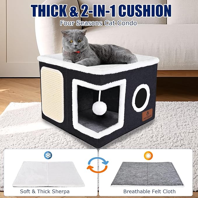 Cat Beds for Indoor Cats, Large Cat Cave Bed with Scratch Pad and Fluffy Ball, Foldable Cat Hideaway, Cat House with Reversible Cushion for Multi Small Pet Up to 30LBS, Dark Grey - Image 6
