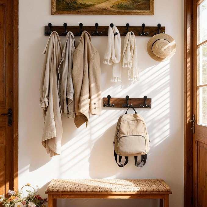 SKOLOO 17-Inch Walnut Wood Coat Rack Wall Mount with 3 Triple Hooks - Ideal for Family Entrances, Classrooms, and Pet Supplies Storage - Perfect Coat Hooks for Wall - Image 4