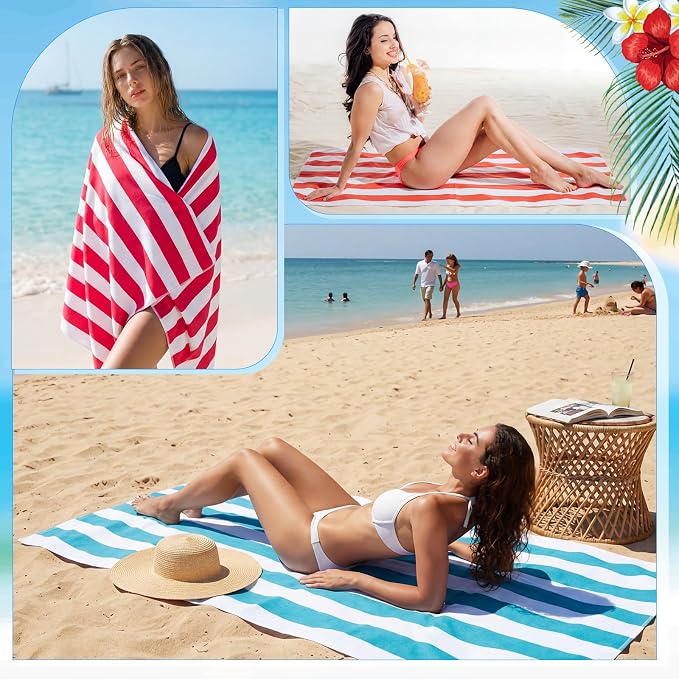 EBOOT 10 Pack Oversized Beach Towel Set Extra Large Pool Towels Microfiber Quick Dry Swim Blanket for Adult Women Men Face Hand Body Bath Travel Pool(Bright Color,31 x 63 Inch,Cabana Stripe) - Image 6