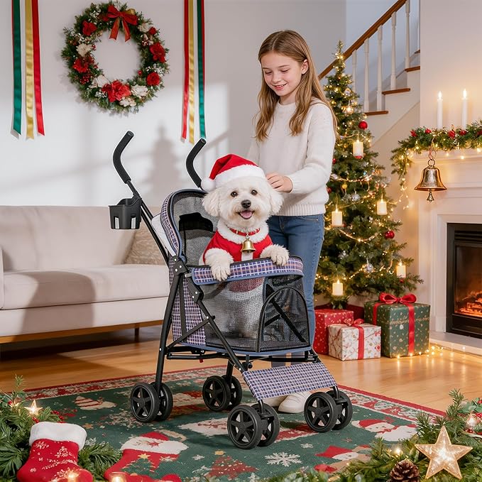 MoNiBloom 4 Wheels Pet Stroller, Easy-Fold Umbrella Shaped Dog Cat Jogger Stroller w/Storage Bag & Visible Mesh for Small/Medium Dogs Cats Plaid