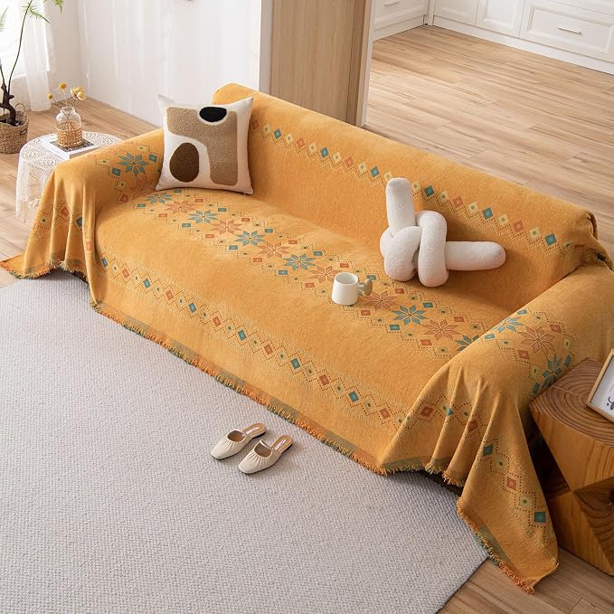DREAMINGO Orange Boho Sofa Cover Chenille Couch Cover Blanket Vintage Bohemian Sofa Covers for 2 Cushion Couch Geometric Jacquard Sectional Couch Covers for Dogs Washable Loveseat Slipcover 71"x118" - Image 8