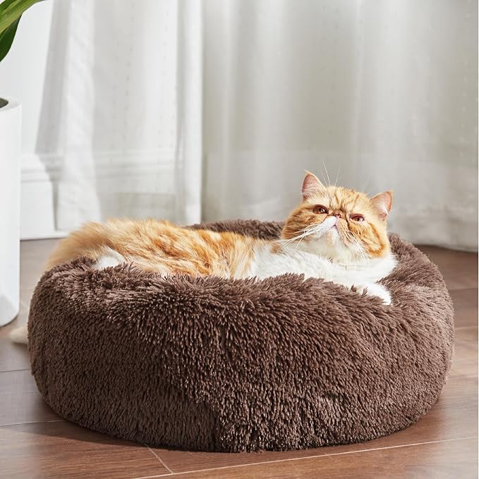 Bedsure Calming Cat Beds Donut Round Washable Kitten Bed,20 inches Coffee | Fluffy Faux Fur Cuddler,Anti-Slip Bottom,Anti-Anxiety,Deep Sleeping for Cats&Small Pets Up to 15 Lbs - Image 3