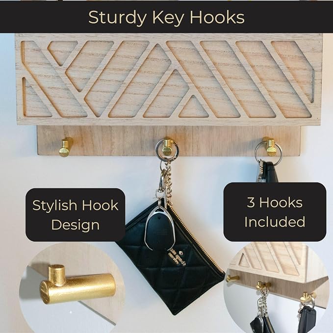 BLU MONACO Wall-Mounted Mail and Key Holder – Natural Wood 2-Tier Letter Organizer with 3 Hooks | Entryway Command Center for Mail, Keys, and Documents - Image 5