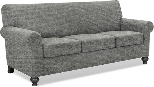 URBANLIFE 4-Piece Stretch Sofa Covers for 3 Cushion Couch, Light Gray | Super fitted spandex slipcovers for couches. Non-slip elastic bottom. Machine washable furniture protector for kids & pets. by URBANLIFE
