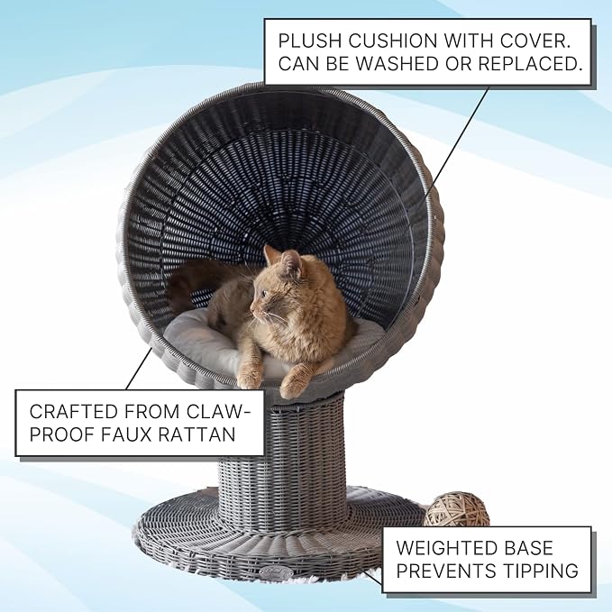 The Refined Feline Kitty Ball Cat Bed Cave for Indoor Cats in Smoke, Claw-Proof Faux Rattan Cat Furniture, Easy to Clean Elevated Cat Bed with Washable & Replaceable Covered Cushion - Image 3