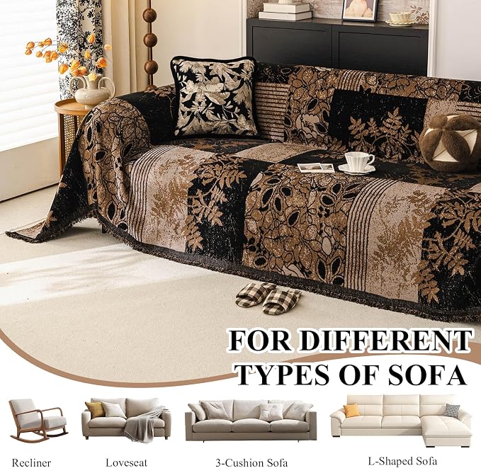 STACYPIK Vintage Floral Couch Cover, Patchwork Pet Sofa Cover, Brown Camel | Soft Thick Washable, 71x134in, Farmhouse, Sofa Cover for 3 Cushion Couch with Tassels, Jacquard Couch Protector for Sectional - Image 7