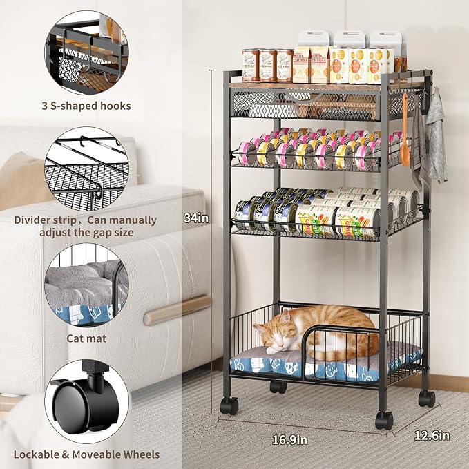 Cat Food Organizer，Multi-Functional Canned Food and Cat Bed Rolling Storage Cart,Manually Adjust The Gap Size，Store Suitable Can Sizes，Used for Jar Food & Cat Food Dispenser Rack - Image 2