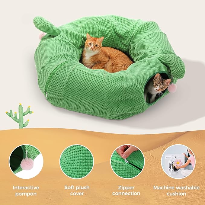 PEQULTI Cat Tunnel with Bed for Indoor Cats, Cat Play Donut Tunnel with Washable Soft Plush Flower Mat, Round Tube Toys Cute Tube for Kittens, Puppies, Rabbits and Ferrets, Green&Pink - Image 5