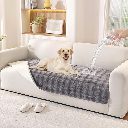 Waterproof Dog Bed Cover Non Slip Couch Covers for Dogs Washable Soft Faux Fur Sofa Cover Couch Covers for 3 Cushion Couch Sofa Pet Friendly (Grey) by Hittun
