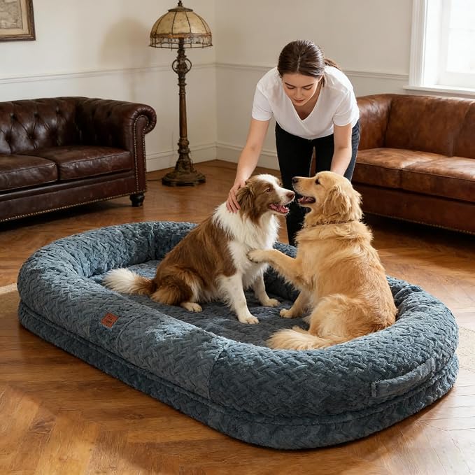 ChiXnuggle Orthopedic Human Dog Bed,with Faux Fur Washable Cover,Blanket | bluish grey,72*40*10,giant dog bed for adult or extra large dogs,egg crate foam,non-slip bottom - Image 2
