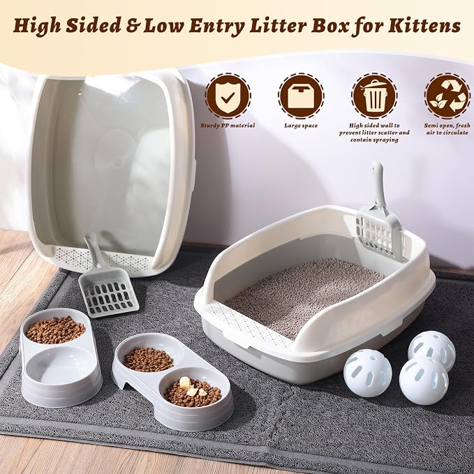 Sliner Kitten Litter Box Low Entry Starter Kit – 7pcs Set with 2 Litter Boxes, 2 Bowls, Scoop & Waterproof Mat, High Sided Cat Toilet for Small Kittens up to 6.6lb(Gray) - Image 5
