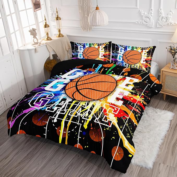 Cartoon Basketball Printed Comforter Set Ball Sports Bedding Set with 1 Comforter and 2 Pillowcases for Boys and Girls Bedroom All Season(Basketball-2 Twin) - Image 3
