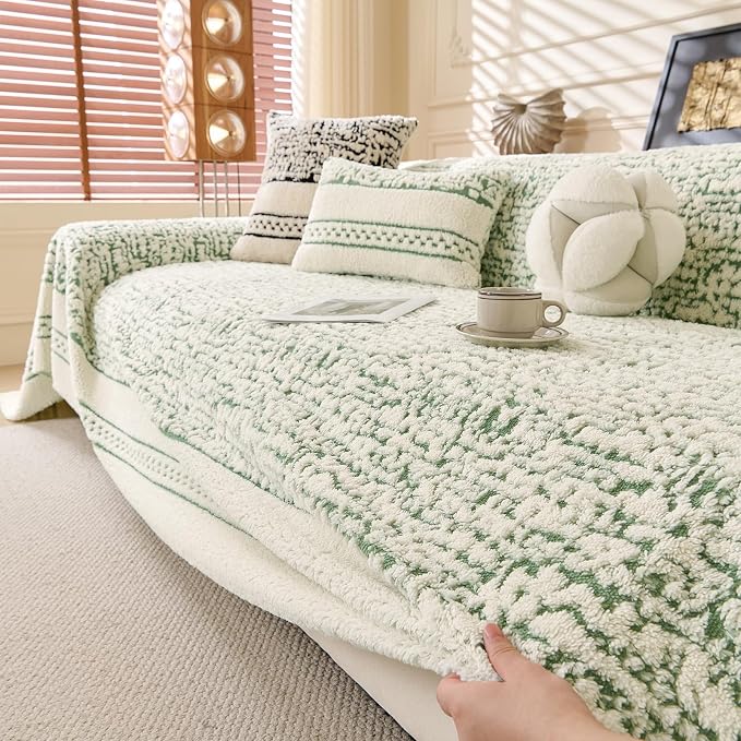 ROOMLIFE Thicked Striped Boho Green Couch Cover for 2-3 Cushion Sofa, Fuzzy Plush Warm Sofa Slipcovers Sectional Sofas Covers, Non Slip Washable Furniture Protector Soft with Tassel,Winter 71''X134” - Image 9