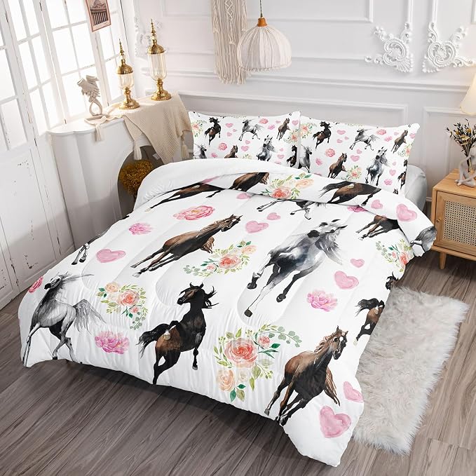 Western Horse Comforter Set Retro Floral Printed Bedding Set with 1 Comforter and 2 Pillowcases for Boys and Girls Bedroom All Season(Horse Full) - Image 3