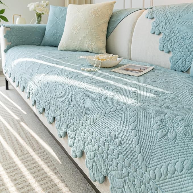 KRFOONN Cotton Quilted Dog Couch Cover for Sofa (Blue, 27.6" x 70.9") | Farmhouse Embroidery Sectional Couch Cover Washable, Soft Non Slip Sofa Slipcover Cushion Furniture Protector for Kids, Pets by KRFOONN