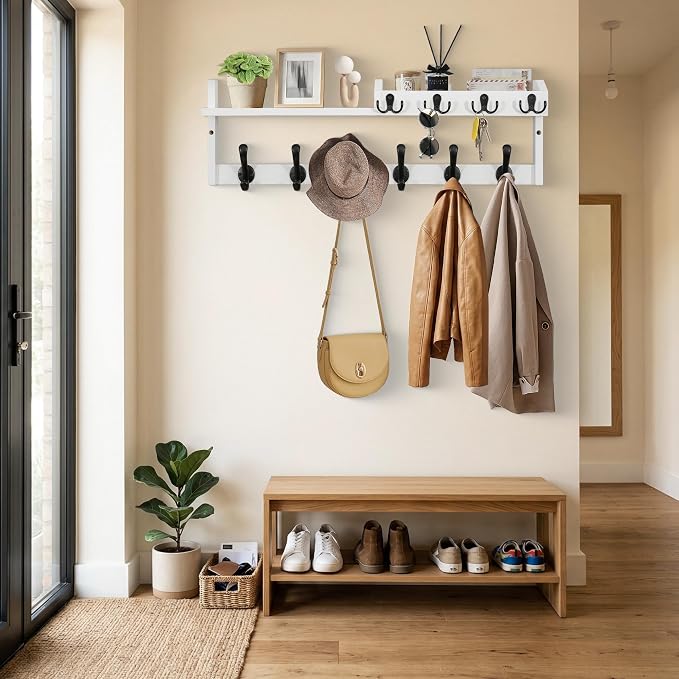 Coat Rack Wall Mount with Shelf, 27.5" Entryway Wall Hanging Shelf, Coat and Key Hanger with 10 Dual Hooks, Mail Organizer and Key Holder Hat Rack for Wall, Wood Coat Hooks with Storage - Image 8